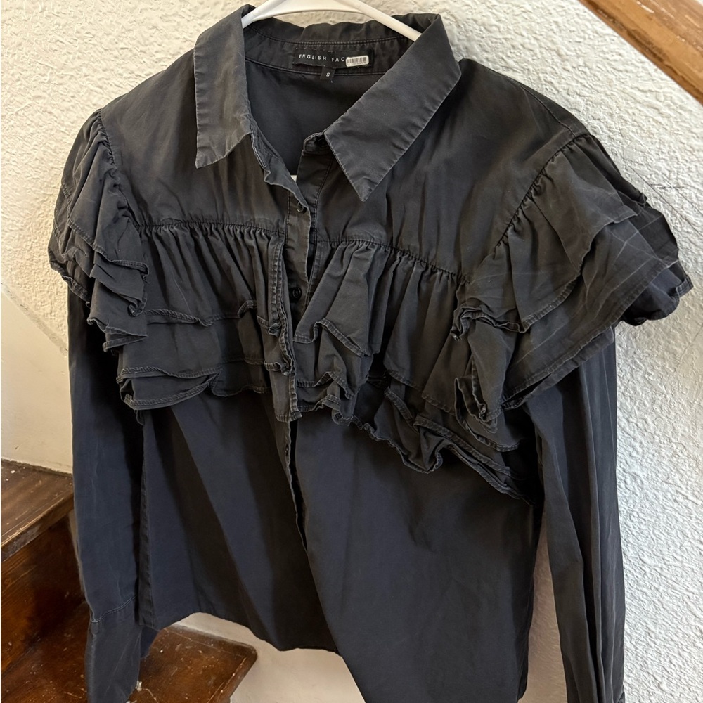 English Factory Cotton Tiered Ruffle Button Down Blouse Black